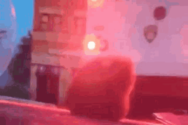a person is sitting on a bed in a room with red lights .
