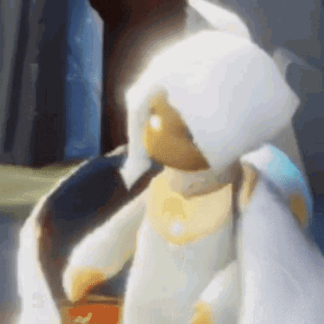 a close up of a person in a video game with a white hat on .