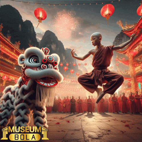 a poster for museum bola with a lion and a monk