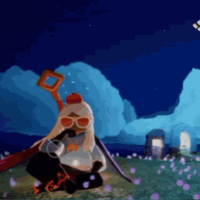 a cartoon character wearing sunglasses and a pumpkin on her head is sitting in the grass .