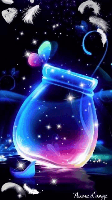a colorful jar with feathers coming out of it