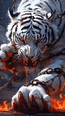 a white tiger with blood dripping from its mouth is chained to a wall