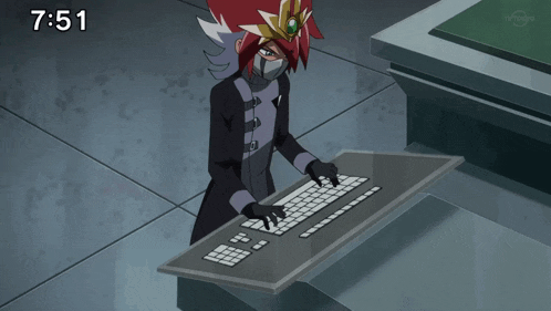 a cartoon character is typing on a keyboard with the time 7:51 on the bottom