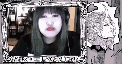 a black and white drawing of a woman wearing headphones and a picture of a woman with horns .