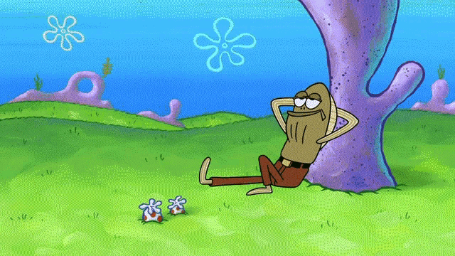 a cartoon character sits under a tree with a flower in the background