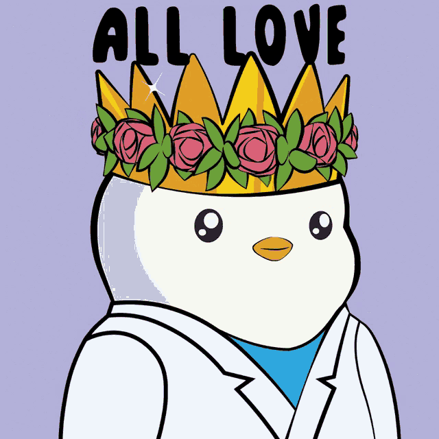 a penguin wearing a crown with flowers on it and the words all love written above it