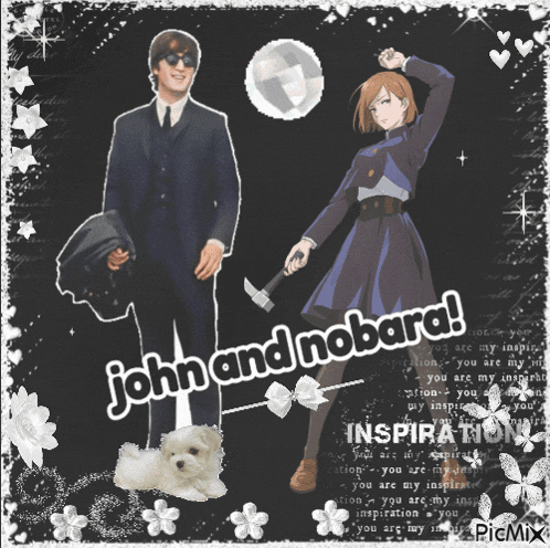 a picture of john and nobara with a white dog