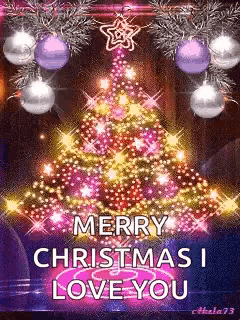 a merry christmas i love you card with a christmas tree and decorations