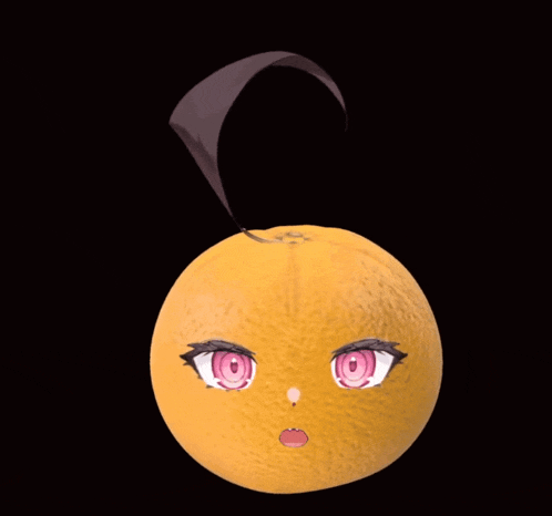 an orange with a girl 's face and pink eyes