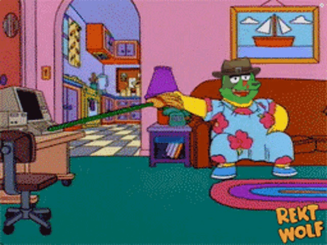 a cartoon of a frog sitting on a couch with the words " rekt wolf " on the bottom