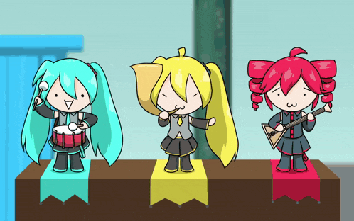 a cartoon of a girl playing a drum and a girl playing a trumpet and a girl playing a guitar