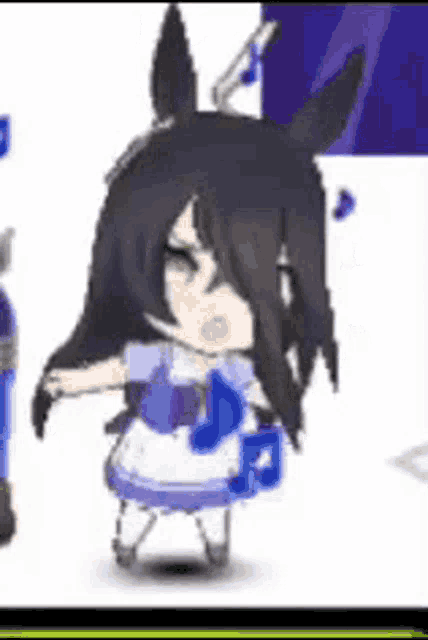 a cartoon girl with long black hair and ears is standing in front of a white wall .