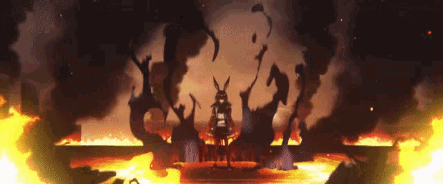 a rabbit is standing in the middle of a fire with smoke coming out of it