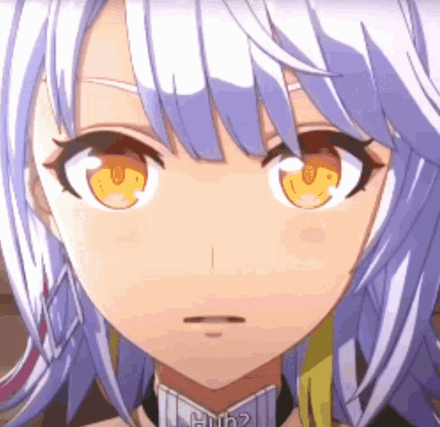 a close up of a anime girl 's face with the words huh ? visible