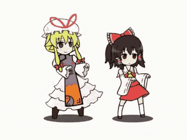 a cartoon drawing of two anime girls dancing together