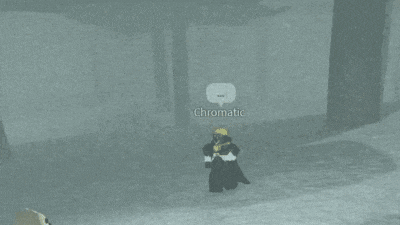 a video game character named chromatic is standing in the fog