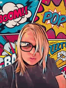 a woman wearing glasses is standing in front of a comic book background that says boom pop
