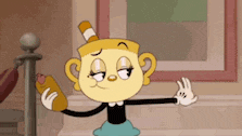 a cartoon character is standing on a set of stairs holding a bottle and giving a peace sign .