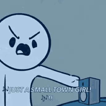 a cartoon character is holding a speaker and saying `` just a small town girl '' .