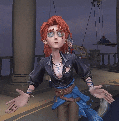 a cartoon character with red hair is wearing a black jacket and a blue skirt