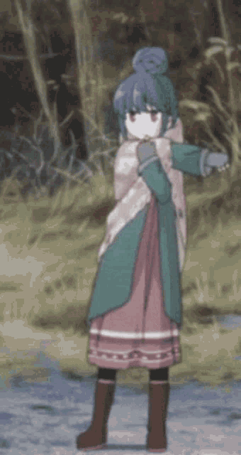 a girl with a bun on her head is standing in a forest
