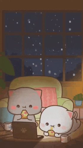 two cartoon cats are sitting on a couch eating pizza and watching a laptop .