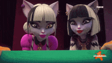 two monster high characters are standing next to each other on a nickelodeon poster