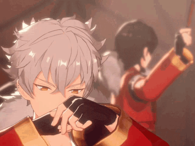 a man in a red jacket is holding a sword