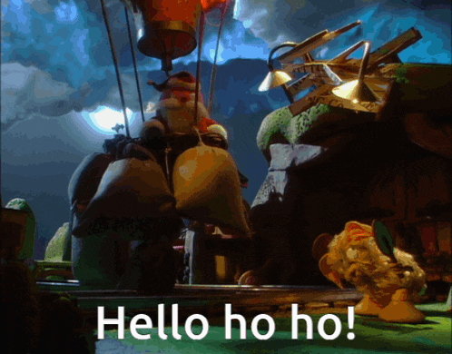 a cartoon scene with the words hello ho ho in white letters