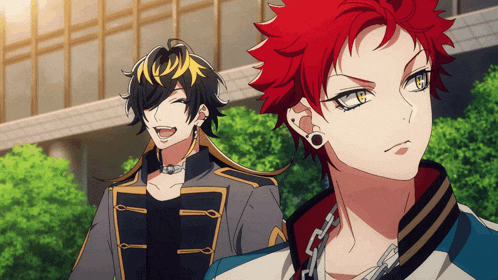 two anime characters are standing next to each other one has red hair