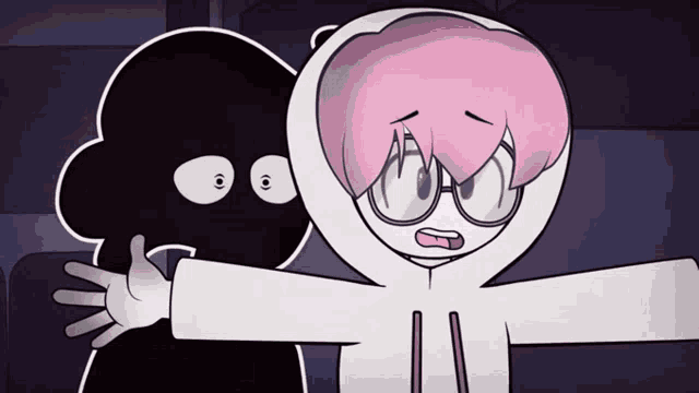 a cartoon character with pink hair and glasses is standing next to a black cartoon character