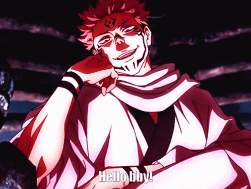 a red haired anime character with the words hello bby on the bottom right