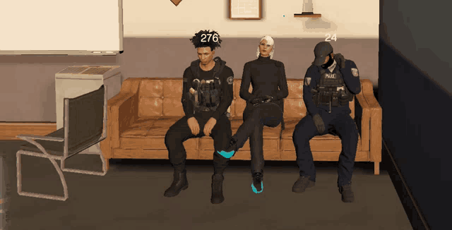 three people are sitting on a couch and one has the number 266 on his head