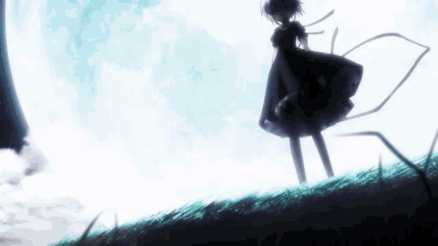 a girl in a black dress stands on a hill