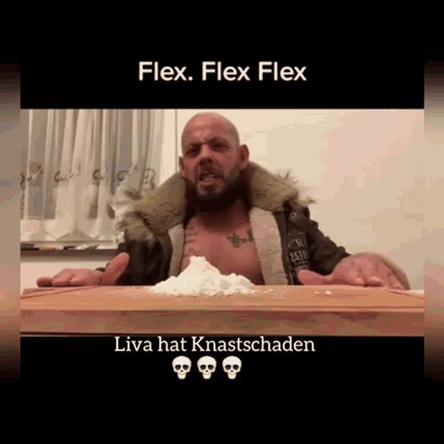 a man sitting at a table with a pile of white powder in front of him with the words flex flex written on the bottom