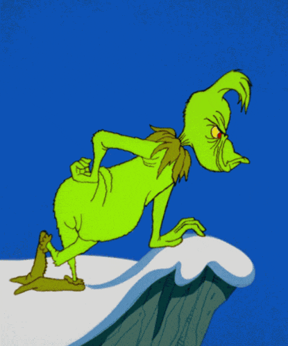 a cartoon of grinch standing on top of a snow covered cliff