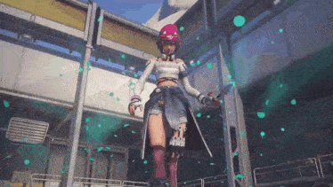 a girl in a pink helmet is standing in front of a building