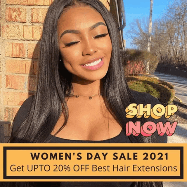 a woman is smiling in front of a brick wall with the words women 's day sale 2021 get upto 20 % off best hair extensions