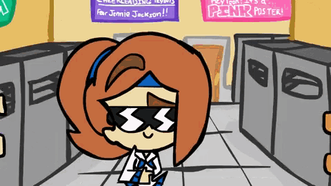 a cartoon of a girl in a locker room with a pennr poster in the background