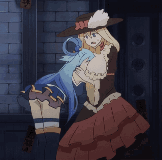 two anime characters are hugging each other in front of a door