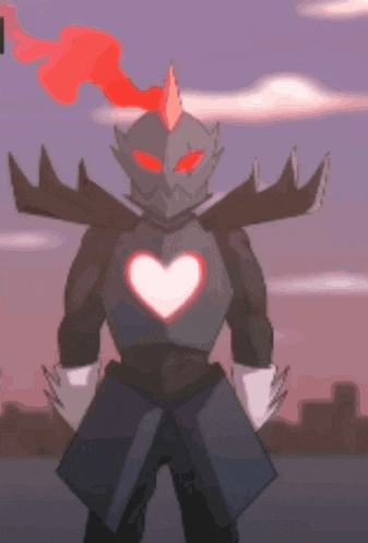 a knight with a heart on his chest is standing in front of a cloudy sky .