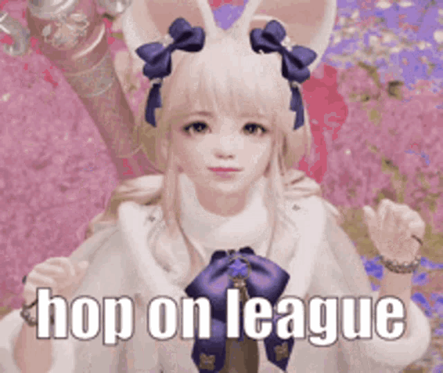 a girl with bunny ears is wearing a white coat and a purple bow .