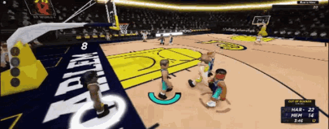 a basketball game is being played on a court that says arena on it