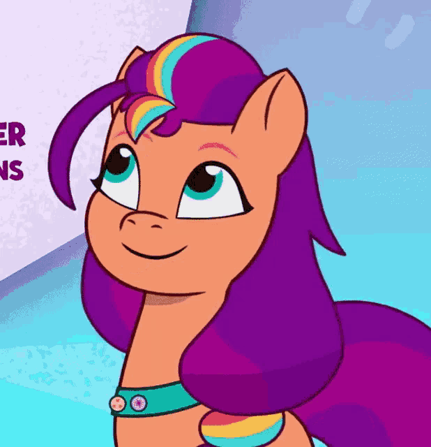a cartoon pony with a purple mane and a blue collar
