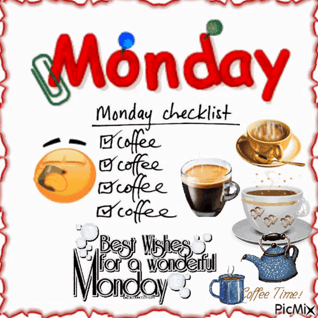 monday checklist with a smiley face and coffee cups