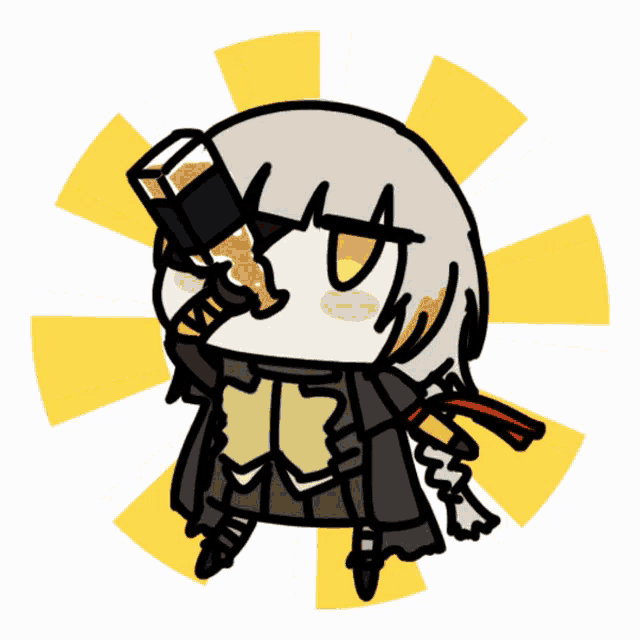 a drawing of a girl drinking from a bottle with a yellow background