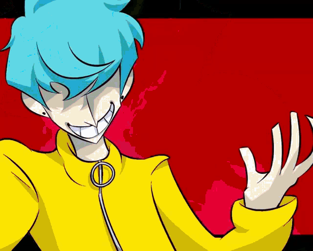 a cartoon character with blue hair is wearing a yellow jacket with a zipper