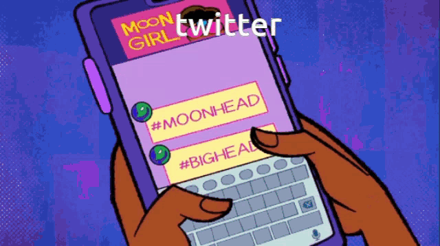 a cartoon drawing of a person holding a cell phone that says moon girl twitter