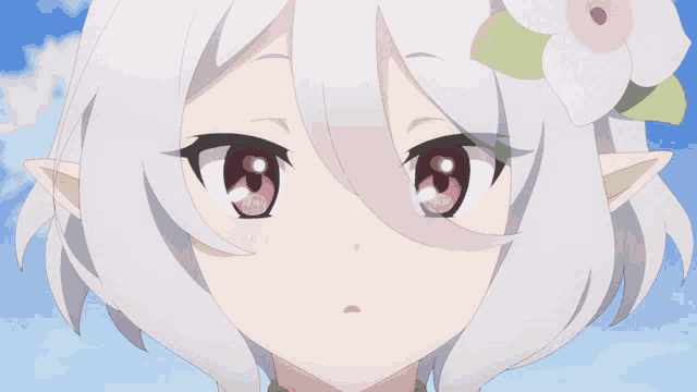 a girl with white hair has a flower in her hair and red eyes