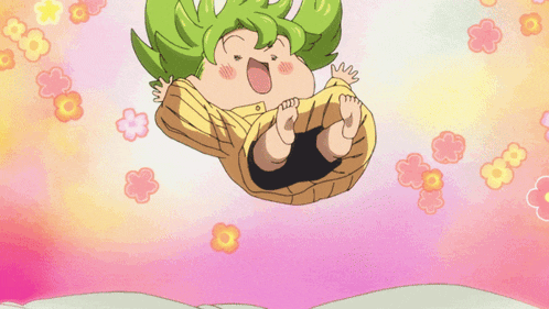 a cartoon character with green hair is flying through the air with flowers in the background
